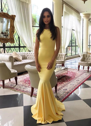 Yellow Satin Backless Long Mermaid Dress Evening Dress HZ1023